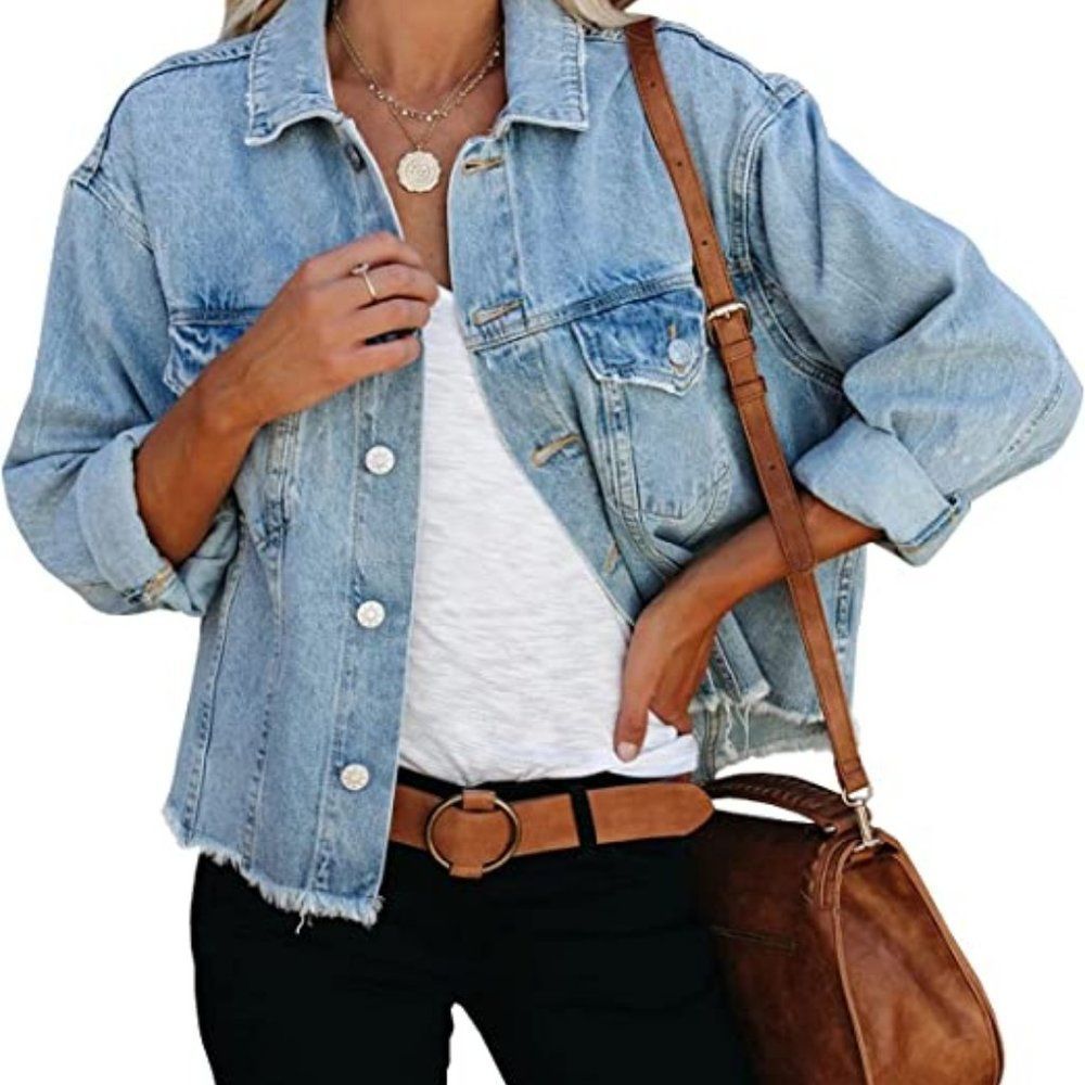 LONGBIDA Women's Jean Jacket Frayed Washed Button Up Cropped Denim Jacket - Picture 3 of 5